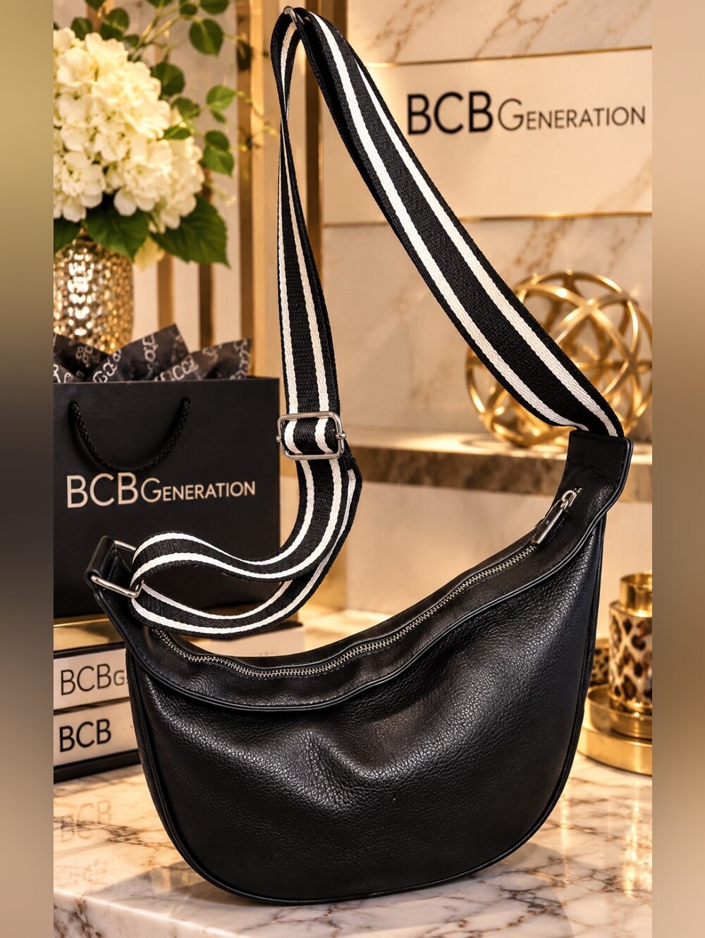 BCBGeneration Black Leather Crossbody Bag with Striped Adjustable Strap In EUC